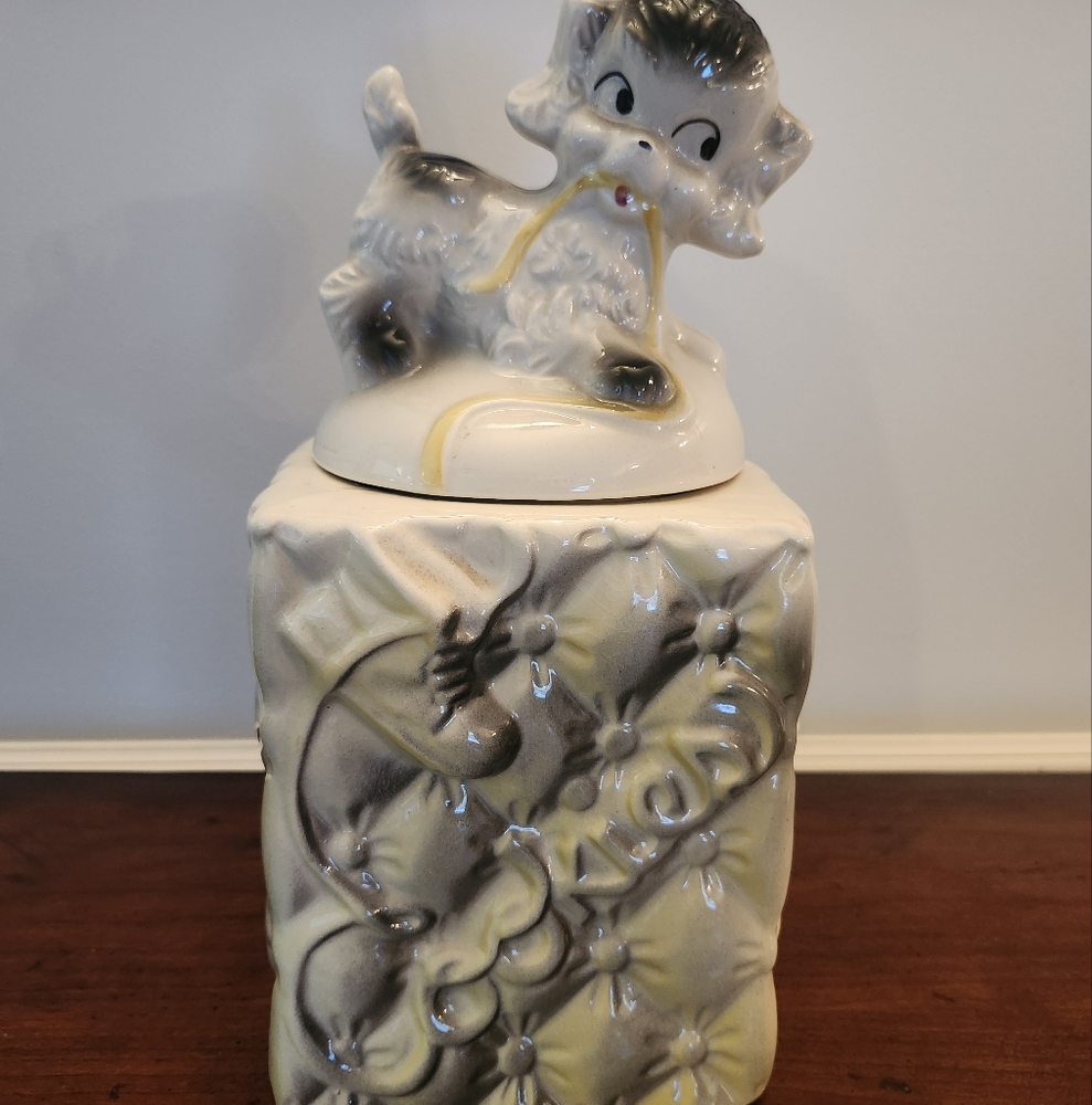 Vintage American Bisque Dog on Quilted Cookie Jar 1950s Rare